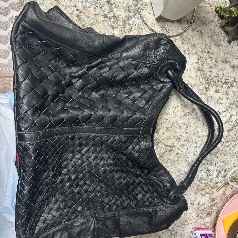 Chocolat Blu Elegant Black Woven Leather Tote